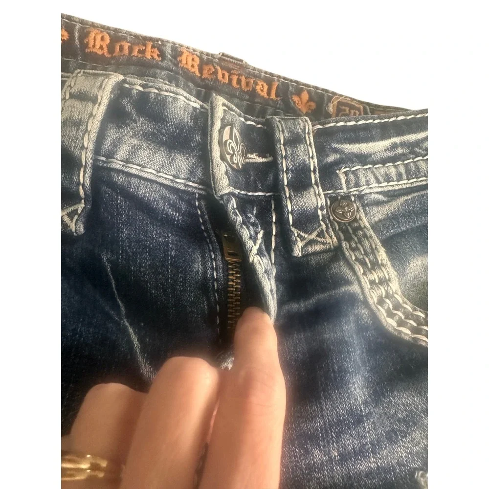 Rock Revival Ledford Straight Leg Distressed Jeans Mens 29 Blue Fleur De Lis